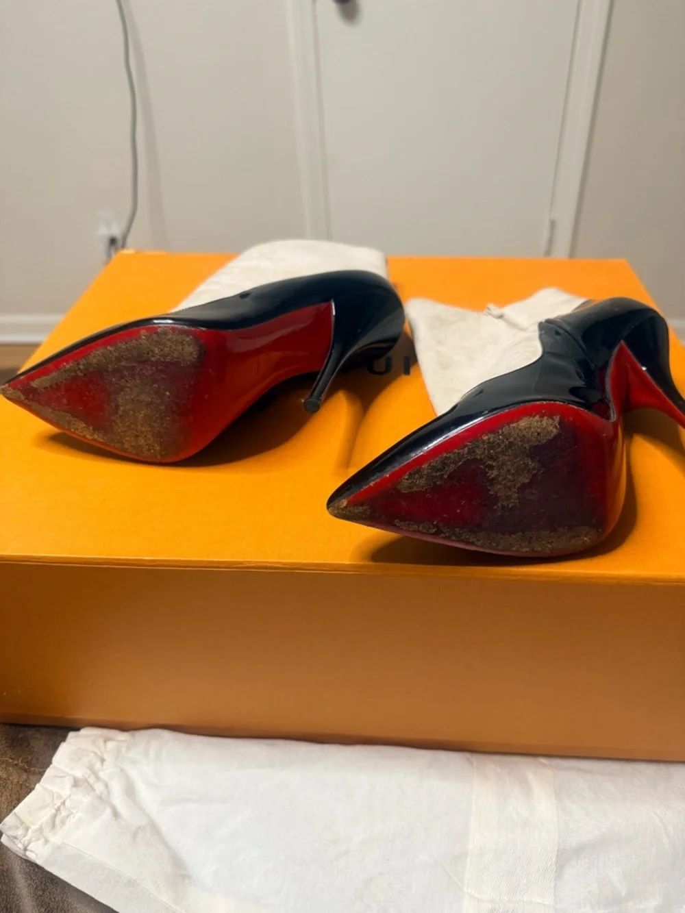 Christian Louboutin Black Patent and Cream Suede Ankle Boots - Picture 4 of 4